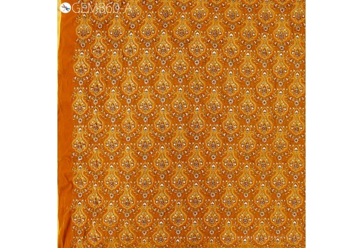 Mustard Embroidery Velvet Fabric by the yard Sewing DIY Crafting Indian Embroidered Wedding Dress Costumes Fabric Cushion Covers